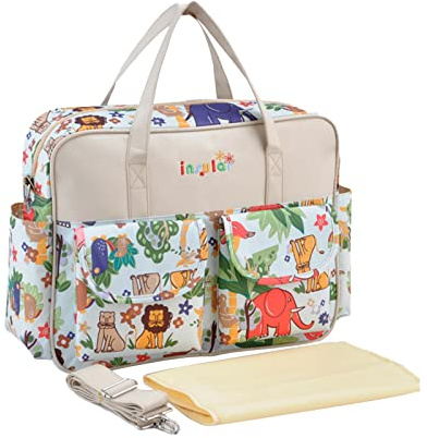 SONARIN Élégant Sac à Langer Grande Capacité pour Bébé, Fourre-tout Bandoulière Étanche de Maternité et Voyage avec Bretelles & Matelas à Langer (Animaux)