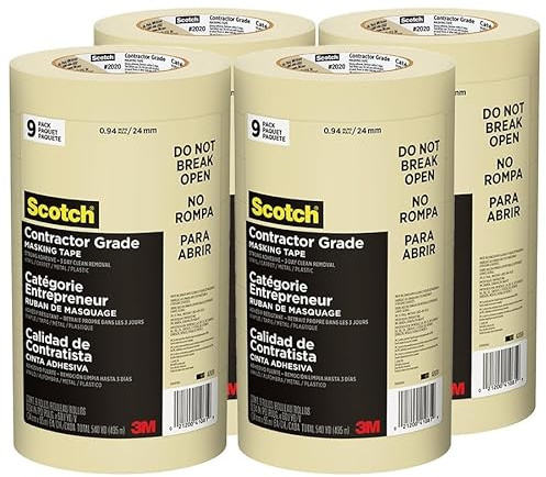 3M Scotch Contractor Grade Masking Tape – 0.94 x 60 yds – Tan – 4 Contractor Packs of 9 Rolls Each – Durable Vinyl Tape for Versatile Indoor and Outdoor Use
