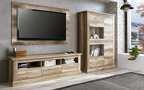 JUANIO Conjunto de Salón Mueble TV + Vitrina Baja + Panel TV Color Roble Envejecido