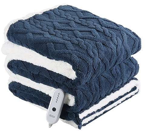 CHIOKY Heating Blanket Twin Size Extra-Thick and Warm Electric Blanket with 10 Hour Auto Off & 5 Heating Levels, 3D Pattern Design and Overheating Protection, Navy Blue