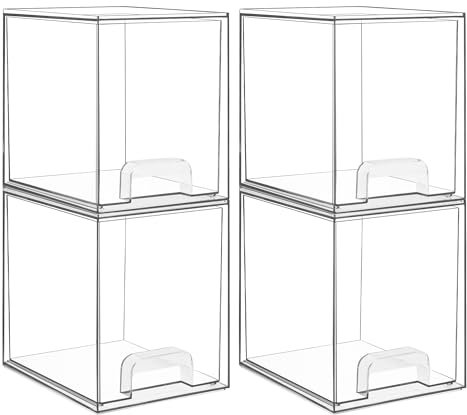 Vtopmart 4 Pack Clear Stackable Storage Drawers,7.6 H Plastic Organizers Bins for Skincare, Bathroom Supplies,Ideal for Cabinet,Under Sink,Vanity,Kitchen,Pantry Organization