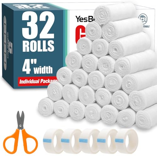 YesBes 32 Pack Gauze Rolls, 4 in x 4.1 Yards, Premium Gauze Wrap Roll for Wounds, Bandage Wrap Rolled Gauzes, Mummy Wraps, Individually Wrapped