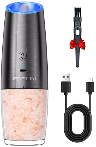 FORLIM Electric Salt or Pepper Grinder USB Rechargeable, 6 Oz Capacity with Led Light, Adjustable Coarseness Stainless Steel Gravity Pepper Mill for Kitchen, Outdoor, 1 Pack (Metallic Gunmetal)