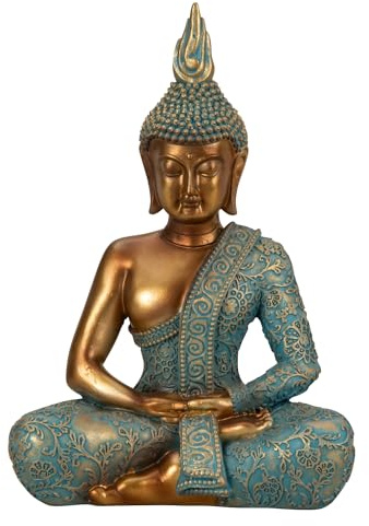 Lifestyle & More Figura decorativa de Buda de piedra artificial dorada/verde, altura 25 cm, ancho 17 cm