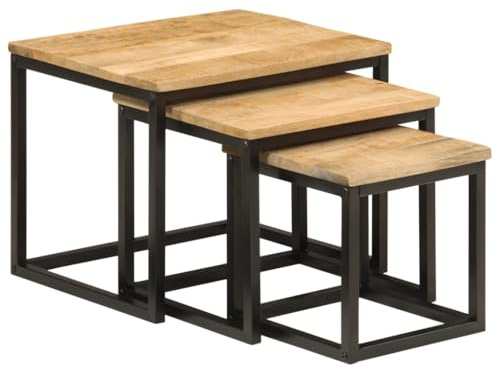 vidaXL Tables Basses Gigognes 3 pcs, Tables d'Appoint Empilables, Meubles de Chambre à Coucher Salon, Bois Massif de Manguier et Fer