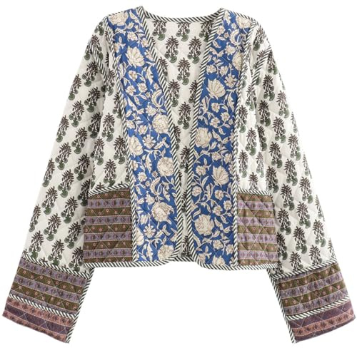 Yimoon Women's Quilted Jacket Lightweight Floral Print Cropped Puffer Coat Short Padded Open Front Winter Outwear(Beige-M)