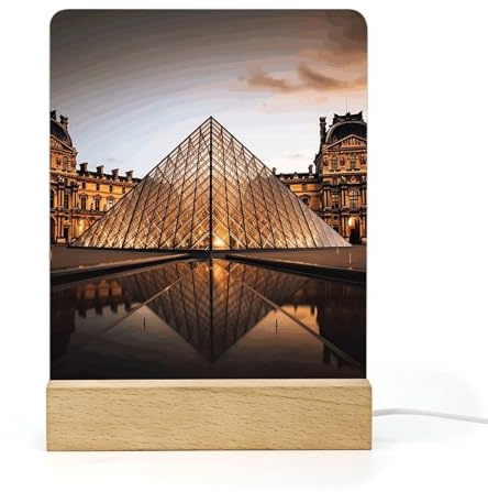 YKUDBN Acrylic LED Night Light with Wooden Base, Louvre Museum in Paris Print Bright Night Light Bedside Lamp Perfect for Bedroom,Bathroom Ideal Gift