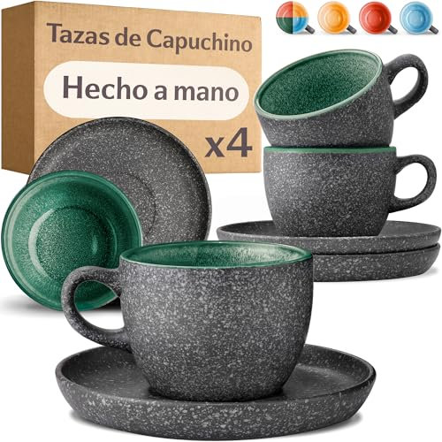 Cosumy Set de 4 Tazas de Capuchino - 200ml en Cerámica con Platillos – Juego de Café Moderno - Gres Grueso con Esmalte Reactivo Hecho a Mano - Mantiene el Calor por Más Tiempo (Verde)