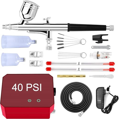 Powate 40 PSI Airbrush Set, Dual Action Multi Funktion Airbrush Set mit tragbarem Kompressor für Kuchendekoration, Makeup, Kunsthandwerk, Nageldesign, Tattoo-Modellierung, Malerei