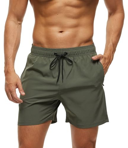 Monstoyo Bañador Hombre Secado Rápido Traje de Baño Hombre Bolsillo Cremallera Bañadores Short de Playa Surf Piscina Natación Impermeable Pantalones Cortos Forro Malla y Cordón L Verde Militar