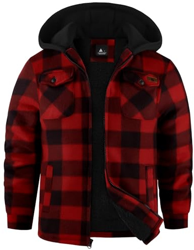 zitysport Hemdjacke Jungen Verdicken Hoodie Karierts Jacke Kinder mit Reißverschluss Warm Flanelljacke Junge Sweatjacke Outdoor Hoodie Gefütterte Winter Jacken für Jungs mit Tasche(XL Schwarz Rot)