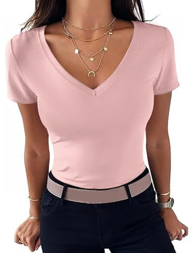 Totatuit Maglietta da Donna con Scollo a V T-Shirt a Maniche Corte Estiva Top Elegante Basic Magliette Tinta Unita Maglia Sexy Aderente Casual | Top basic slim fit, elasticizzato, morbido, elasticizzato, scollo a V, per jeans, gonna, ufficio, estate