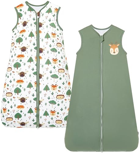 Chilsuessy Schlafsack Baby 2er Pack 2.5 Tog Winterschlafsack Babyschlafsack aus Baumwolle Winter Schlafanzug ohne Ärmel für Kinder, Grün + Waldtiere, 130cm/Baby Höhe 120-140cm