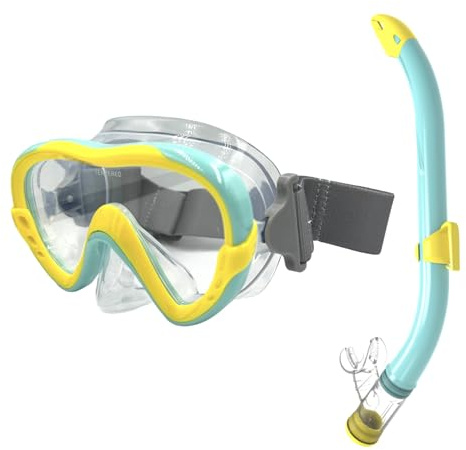 EasyDive - Set da snorkeling per bambini, maschera da snorkeling con fascia elastica, anti-appannamento, in silicone, per ragazzi e ragazze (Tropical Islands – verde/giallo)