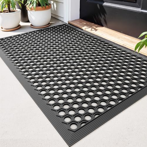 DEXI Dörrmatta Utomhus 60 x 90 cm, Halkfri Slitstark Gummi Dörrmatta med dräneringshål, smutsfångare vattentät främre entrematta för veranda, uteplats, trädgård, Kolgrå