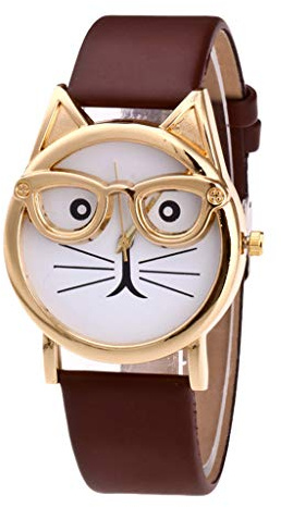 Katt urtavla mode med glasögon klockrem kvarts damklocka 24 timmar analog klocka