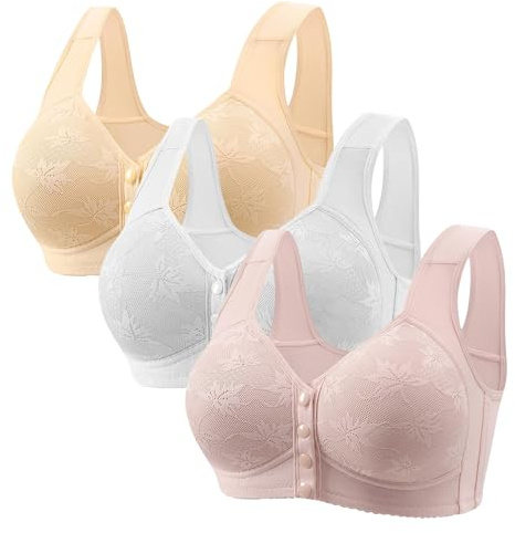 Cocila Front Fastening Bras for Women UK 3 Pieces Women's Bras Plus Size Wireless Bra High Impact Push Up Comfort Bralette Seamless Breathable Multipack Full Support Lace Bra Hot Pink XL