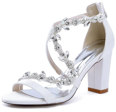 Satin Sandales De Mariée À Talons Carré Strass pour Femme Escarpins Bride Cheville À Bout Ouvert Chaussures De Mariage Fête 2022-48G,Blanc,38 EU