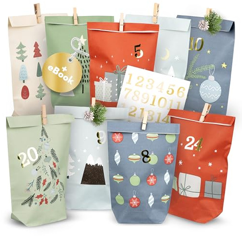 AMARI Calendario de Adviento para rellenar (mezcla pastel) – 24 bolsas de Adviento de papel (con pinzas de madera) para manualidades para Navidad – Bolsas de papel de Navidad con adhesivo numérico