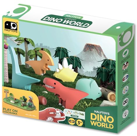 HALFTOYS Animal World Play Set | Magnetic Puzzle Toys with Diorama Storage Case | Includes 5 Models for Creative Play and Learning (Dino)
