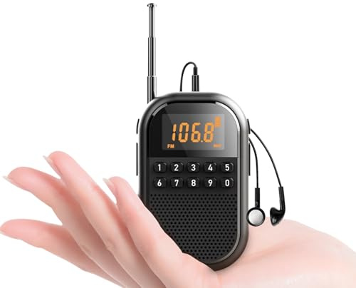 Radio Portátil Pequeña, Mini Radio Digital de Bolsillo, Am/FM Recargable Radio con Antena Telescópica, Auriculares, Soporta Conexión Bluetooth, Adecuado para Correr,Viajar,Pescar (Negro)