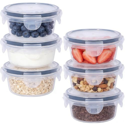 6 Pack 300ml Round Airtight Food Containers with Lids | Reusable Plastic Snack Pots with Clip Lock, Leak-Proof Stackable Small Storage Containers for Meal Prep, Yoghurt, Fruit, Snacks & Outdoor Use