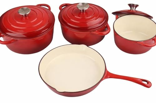 MY HOMIE Enamel Cast Iron Dutch Oven and Saucepan Set with 7 pcs Non Stick Pans Set, 3 Small Medium Large Dutch Ovens with Lid and 1 Sauce Pan, Gas Induction Cooker Compatible Cookware - (Red)