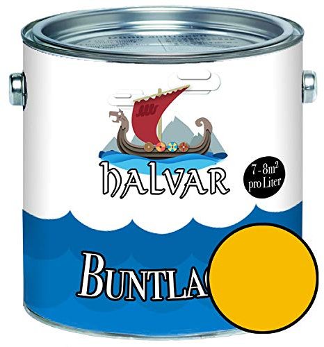 Halvar Buntlack für Holz & Metall MATT Gelb RAL 1000-1037 Holzfarbe Holzlack Innen & Außen robuster Kunstharzlack Wetterbeständig & perfekter Langzeitschutz (5 L, RAL 1023 Verkehrsgelb)
