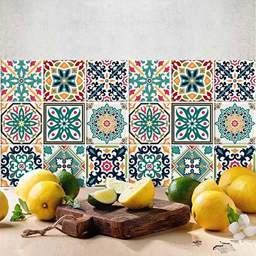 RE-COVERTILES - Autocollants Carrelage Salle de Bain et Cuisine 24 Pcs 10x10 cm - PS00116 Décoration murale en carrelage mosaïque PVC imperméable style carreaux de ciment Azulejos