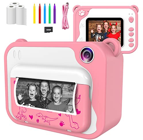 Ushining Macchina Fotografica per Bambini, Fotocamera Digitale per Bambini Videocamera HD 1080P Regali per Ragazze Ragazzi da 3-12 Anni, Schermo da 2,4 Pollici (Scheda 32 GB Inclusa) - Rosa