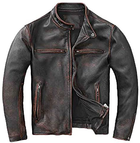 Giacca in pelle da motociclista sfilacciata | Vera giacca in pelle da uomo | Abbigliamento da motociclista per uomo | Con più tasche e maniche regolabili, marrone e nero, S