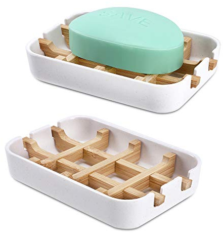 Fufengz Bamboo Wooden Soap Dishes for Bathroom Bar Soap Holder Shower Soap Holder Sink Deck Bathtub Shower Tray (One Pieces White)