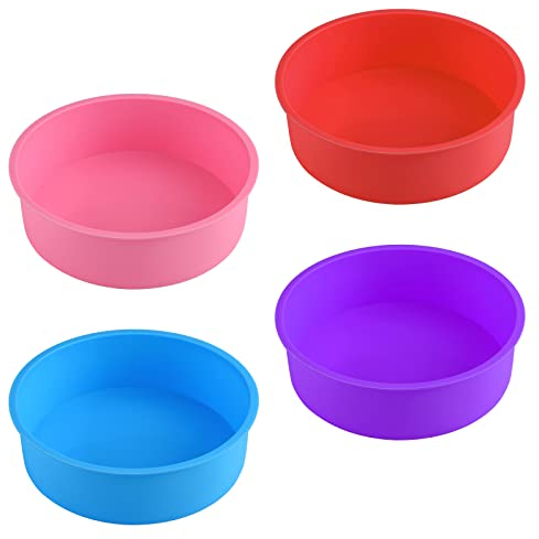Silicone Cake Tins for Baking - 4 Pcs Round 8 Inch Non-Stick Molds, Mixed Colors for Layer, Rainbow and Chiffon Cakes - Party Kitchen Pan Set