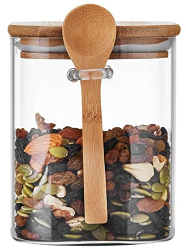 Barattolo quadrato in vetro trasparente da 1000 ml, con coperchio in legno e cucchiaio da cucina, ermetico, contenitore per alimenti, contenitore per conservare, barattoli ermetici