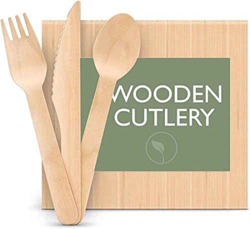 Premium Wooden Disposable 300pcs Cutlery Set Eco Friendly 100 Knives 100 Forks 100 Spoons Perfect for Parties Picnics Office