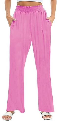 Famulily Summer Loose Casual Beach Trousers Women Elasticated Waist, Ladies Wide Leg Yoga Pants with Pockets (M, Pink)