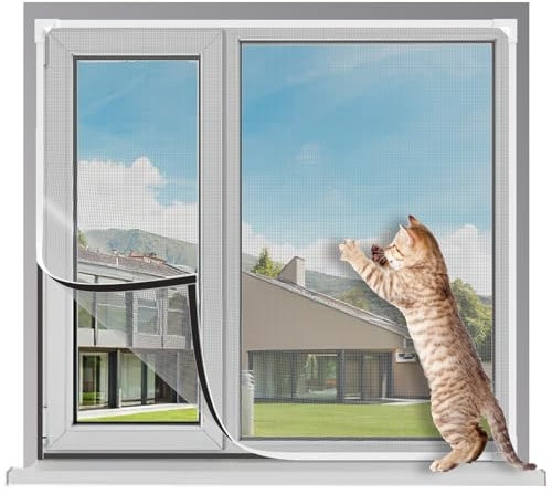 OWYR Adjustable Magnetic Fly Screen Window - DIY Fit Up to 120x130cm, Fiberglass Insect Mesh for Mosquito Net & Bug Screen, Full Frame Magnetic Strip Easy Installation (White Frame Grey Net)