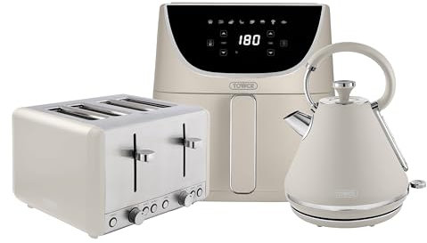 Tower Cavaletto Kitchen Set, 1.7L Rapid Boil Kettle & 4 Slice Toaster & 6L Digital Air Fryer, Latte and Chrome Accents T10044MSH, T20051MSH, T17127MSH