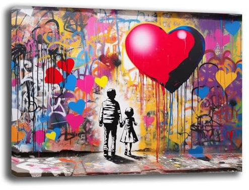 Printerland Quadro Moderno CUORE Bambini Banksy Street Art Quadri moderni soggiorno da Parete XXL grande Stampa su tela Canvas Decorazione Murale muro Arredo Camera da letto Cucina (10, 30x40 cm)