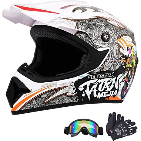 HaTur Motorradhelm Motocross-Helm Dirt Bike Helme Off-Road-Helm mit Handschuhen Schutzbrille für Unisex Jugend Erwachsene (Weiß, M)
