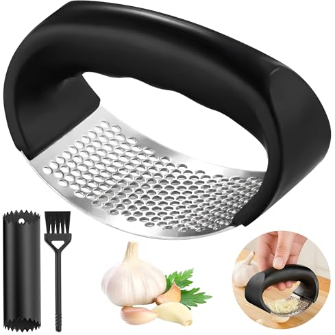 Qbz Prensa Ajos Multifuncional y Machacador de Ajos Manual - Triturador de Ajos de Acero Inoxidable con Pelador y Cepillo de Limpieza, Ideal para Cocina Moderna