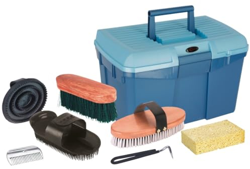 RL24 - Putzbox für Pferde von Covalliero | Putzkasten mit Hufreiniger, Mähnenkamm, Striegel, Schwamm, Kardätsche & Pferdebürste | Putzkoffer für Pferde | Pferdepflege Set 7-teilig
