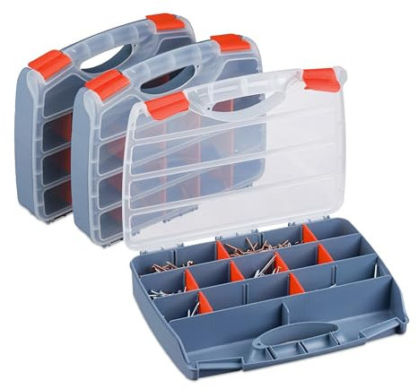 Relaxdays Set 3 Valigette Attrezzi, Scatola Organizer Vuota, Cassetta Porta Viti e Minuteria, 6x32x26 cm, Grigio Rosso