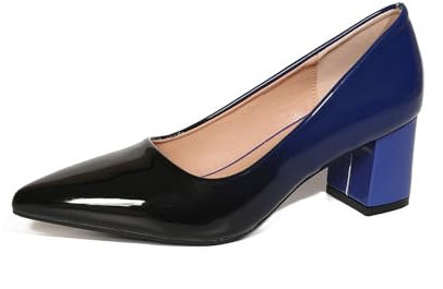qibusleen Slip On Patent Leder Low Block Pumps für Frauen Komfortable 2.36 Inch Court Schuhe Frauen geschlossen Pointy Toe Chunky Heels Zwei-Ton-Arbeit Kleid Pumpe Schuhe-Blau-43