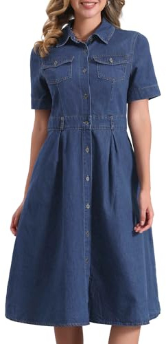 Allegra K Mujer Vestido Denim Midi Manga Corta Cuello Camisero Línea a | Tela Suave con Bolsillos Laterales Silueta Favorecedora para Todo Tipo de Cuerpo Adecuado para Uso Diario