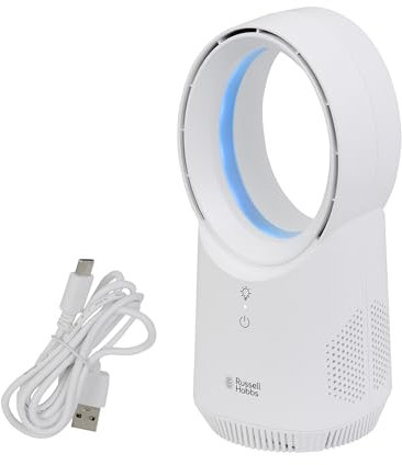 Russell Hobbs, Compact Wireless Desk Fan, USB Rechargeable, 3 Speed Settings, Bladeless Design, Ambient Lighting in White, RHBLDLUSB25