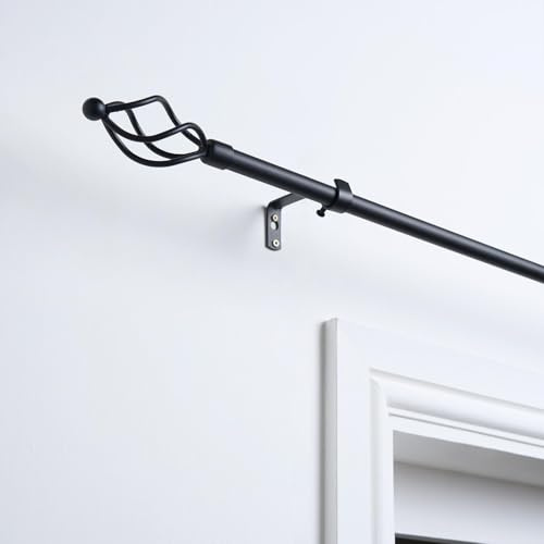 OHS Curtain Pole for Eyelet Curtains Twist, Sturdy Metal Rod with Decorative Finials Extendable Curtain Pole 120 to 220cm Black Adjustable Window Curtain Poles Wall Mount Brackets Included