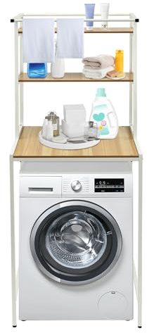 GXFCHYL 3 Tiers Over Washer and Dryer Shelves Laundry Room Storage Organizer Standing Shelf Washer Dryer Stacking Rack Stand Dryer Storage Shelf for Bathroom Laundry Room (White+Log)