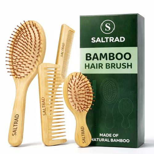 4PCS Bamboo Hair Brush Set – Eco-Friendly Paddle Brush, Wide-Tooth Comb & Tail Comb – Detangling, Scalp Massage, Reduces Frizz, Promotes Hair Growth