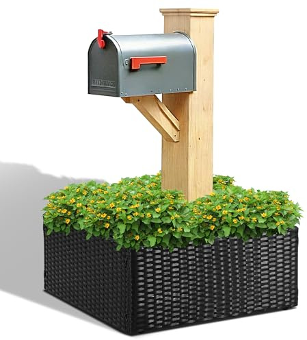 SUNNYPARK Mailbox Posts Wrap Planter Box, 24-inch Handmade Rattan Planter for 4x4 6x6 Posts, All-Weather Decorative Flower Box for Outside